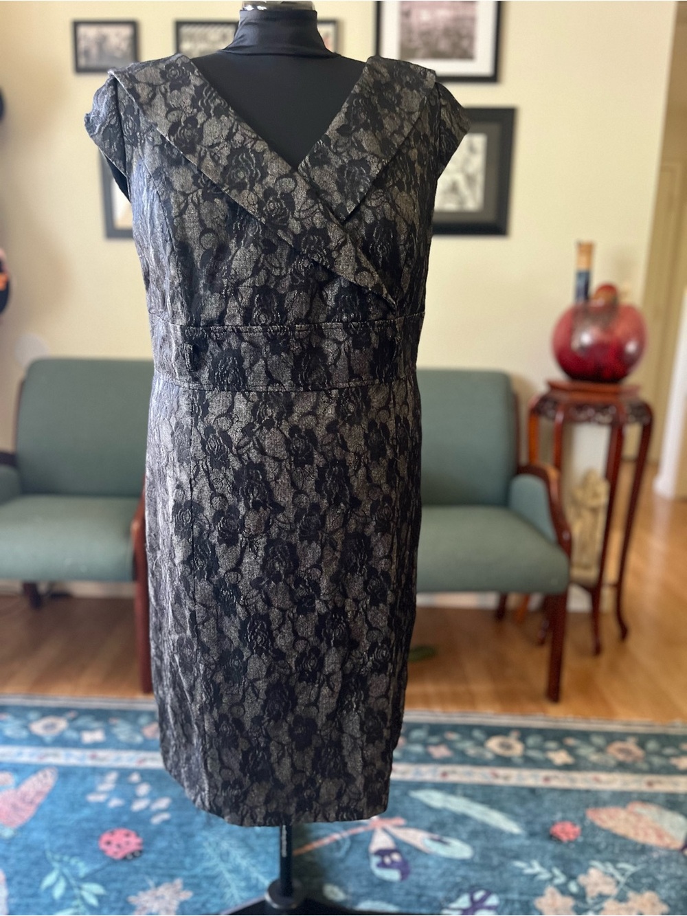 Alex Marie Black Lace Midi Dress with V-Overlap Bodice